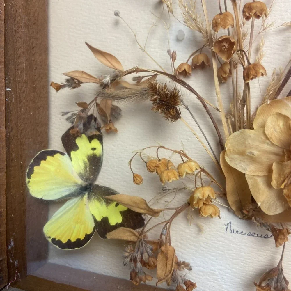 Vintage Wall Decor Botanical Art Yellow Butterfly Wooden Frame